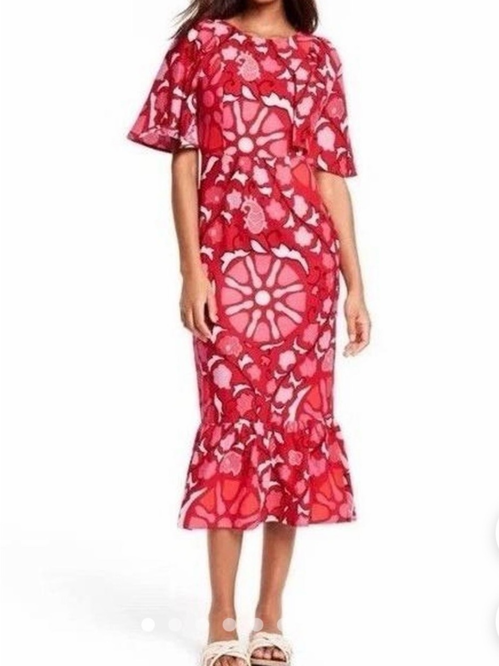 RHODE Red Floral Midi Dress Puff Sleeve Ruffle Hem